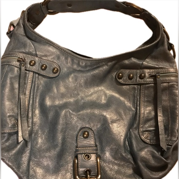 ISABELLA FIORE Vtg Large Blue Metallic Shimmer Stud Leather Hobo Handbag Satchel - Picture 9 of 16